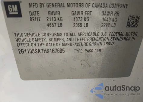 2017 Chevrolet Impala 1Lt из США, поврежденный, VIN 2G1105SA7H9167635